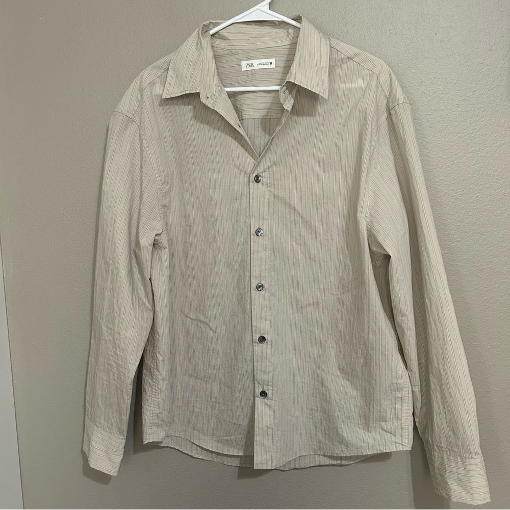 Zara Neutral Striped Cotton Blend Button Down Shirt Men’s Size Large